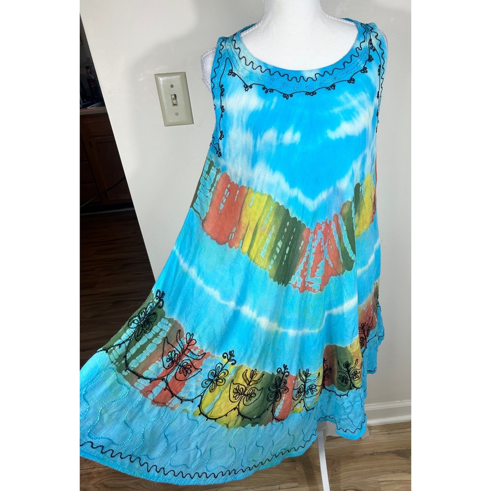 Ocean Breeze Tunic Dress‎ Free Size Blue Tie Dye Embroidered BOHO Beach Summer